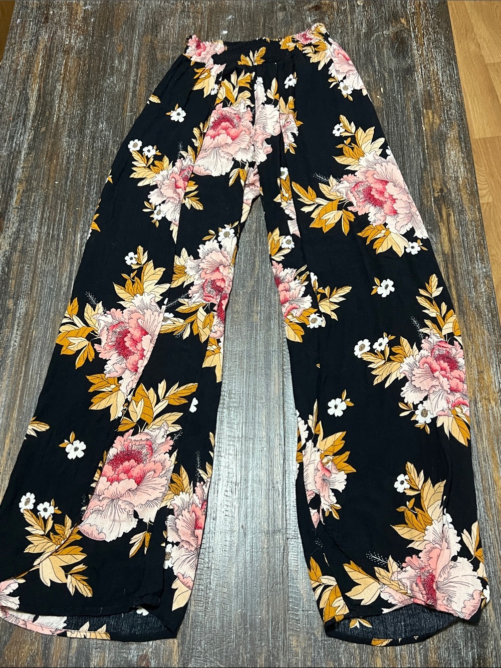Billabong Black Floral Swim Coverup Pants with Pink and Mustard Blooms